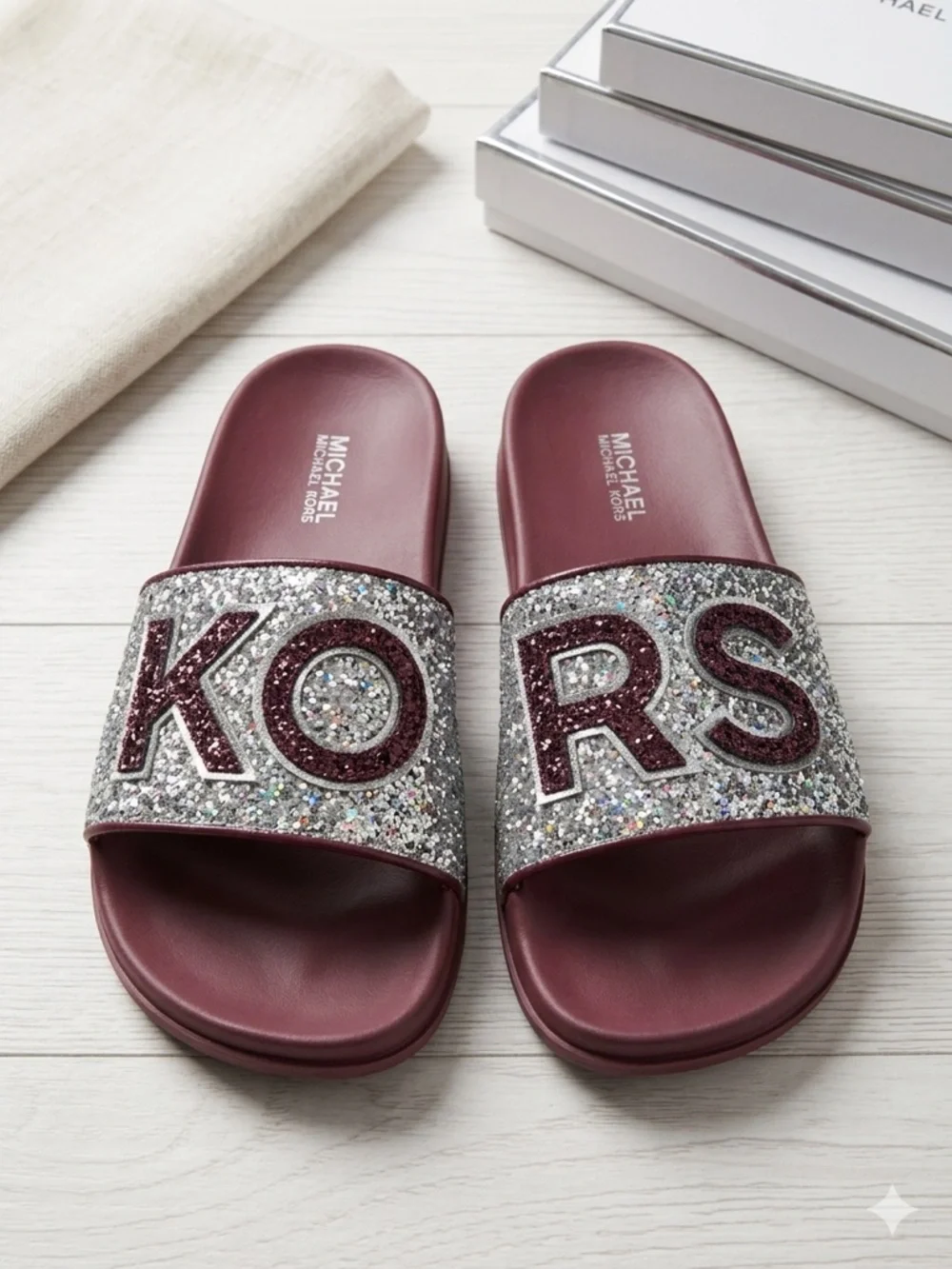 MICHAEL Michael Kors Burgundy Footbed Glitter KORS Slide Sandals - Picture 1 of 4